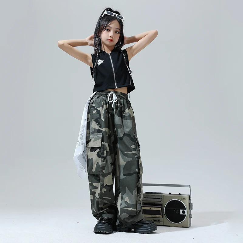 Detské hip hop zobrazujúce oblečenie bez rukávov tričko Streetwear Casy Camo Cargo nohavice pre dievčatá jazzový tanečný kostým zobrazujúci oblečenie