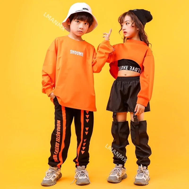 Detské hip hopové oblečenie mikiny košeľa Top Crop Dutlow Cast Pants for Girls Boys Jazz Ballroom Dance Costume
