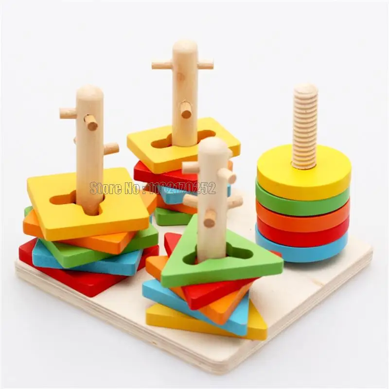 Detské hračky múdrosť štyri 4 stĺpec Drevené geometrické kognitívne vzdelávacie puzzle