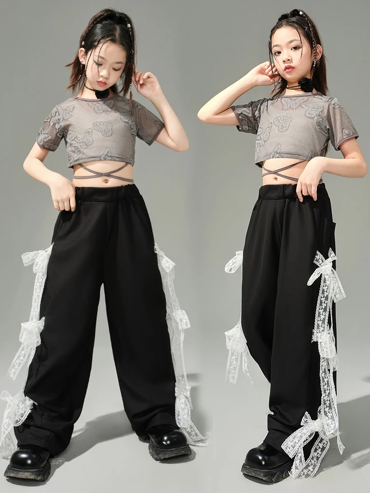 Detské jazzové kostýmy Dievčatá oblečenie Summer Krátke rukávy plodiny Tops Tops Lace Bow Pants roztlieskavacie oblečenie Hip Hop Dancewear BL13023