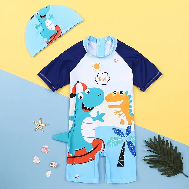 Detské jednodielne plavky 2-8 ročné chlapci Karikatúra Dinosaurus Print Swimwear s klobúkom batoľatá potápačský oblek Rashguard