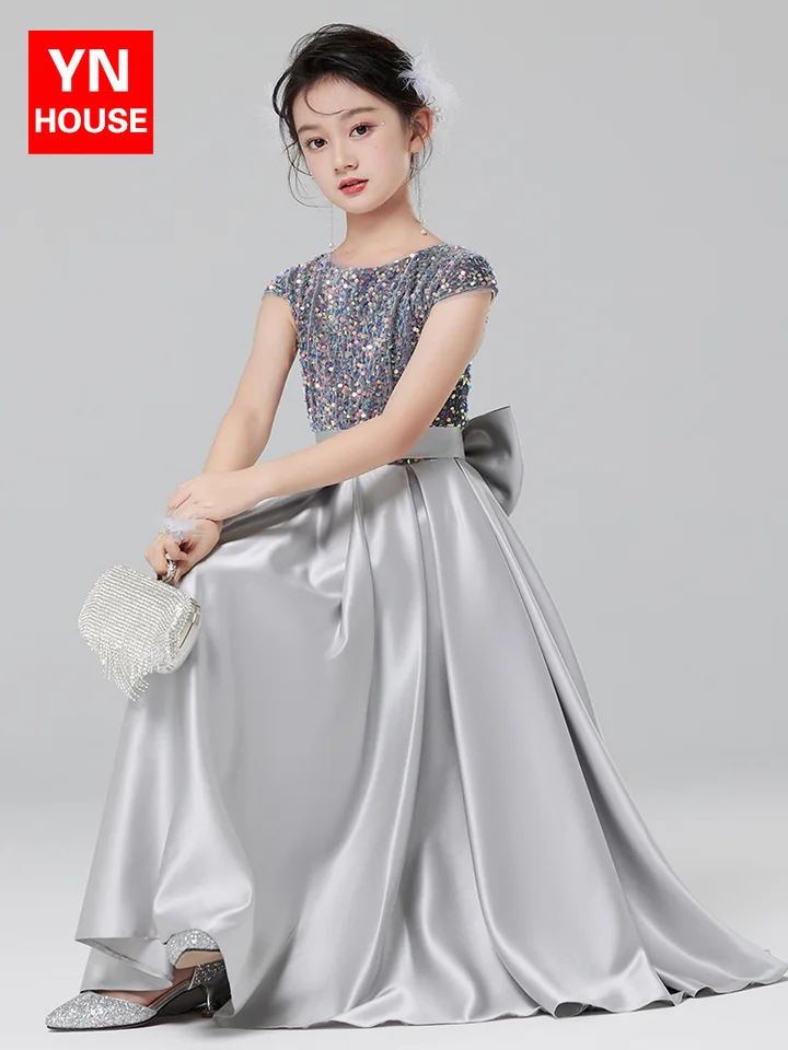 Detské klavírne šaty Šedé flitry dlhé kostýmy Princezné šaty detský hostiteľ močky Performance Performance Dress Autumn
