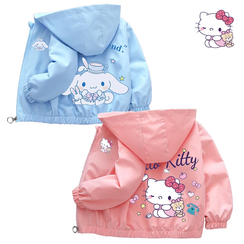 Detské oblečenie jar jesenné dospievajúce dievčatá Windbreaker bunda deti Sanrio Hello Kitty Cinnamoroll Zipper Hoodie Coat Outerwear