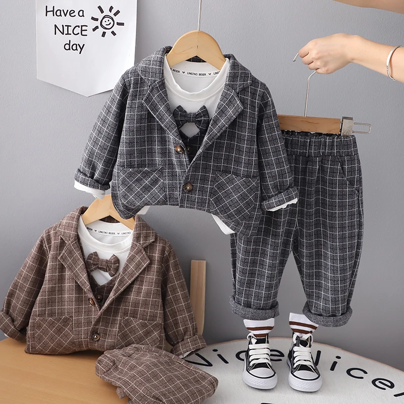 Detské oblečenie Spring Jeseň Radi chlapci nosia detské klope Plaid Plaid Pants 3ks/Sets