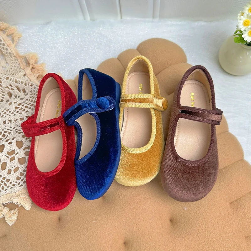 Detské topánky Dievčatá topánky Dievčatá Mary Janes Vintage Velvet Casual Flats Deti obuv batoľa dojčatá Prvý krok 4-12 rokov