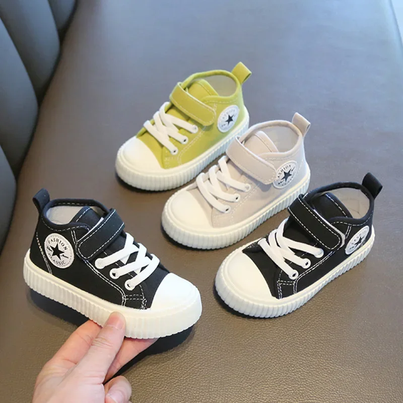 Detské topánky s vysokým vrchom plátna Spring a jeseň nové tenis príležitostné topánky Anti sklz kórejské farebné tenisky Soft podrážky topánky