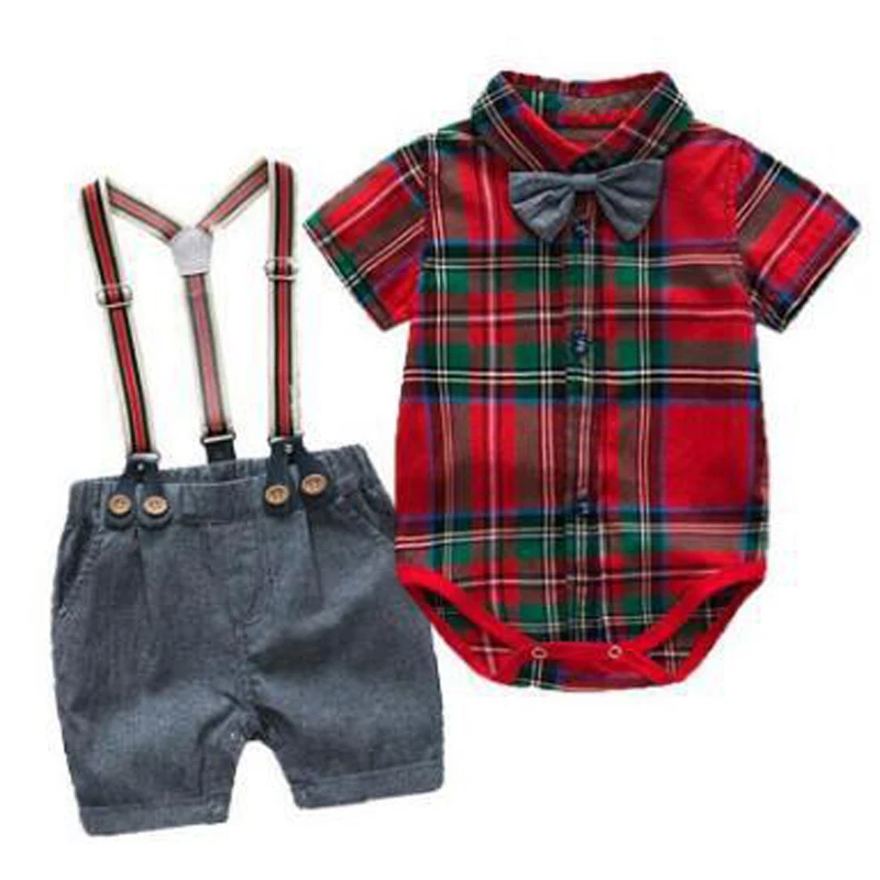 Detské vianočné oblečenie Red Plaid Plaid Bid Boy oblečenie letné novonarodené oblečenie súpravy na novoročné bavlnené rukávy červené tričko+šortky
