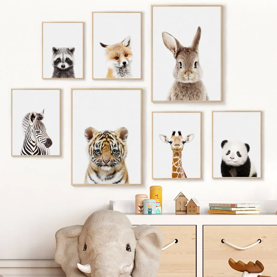 Detské zvieratá škôlky plagáty lev tiger leopard slon líška králika nástenná múr
