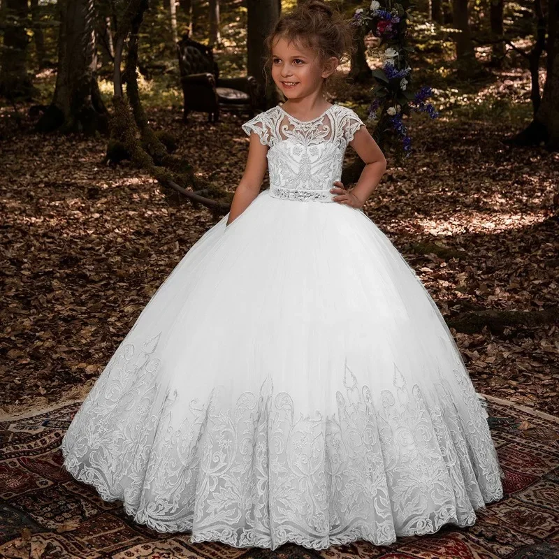 Detské šaty Nové kvetinové čipky hostiteľ dievčatá Svadobná hostina princezná klavír Evening Flower Girl Dresses Events Ball Gown