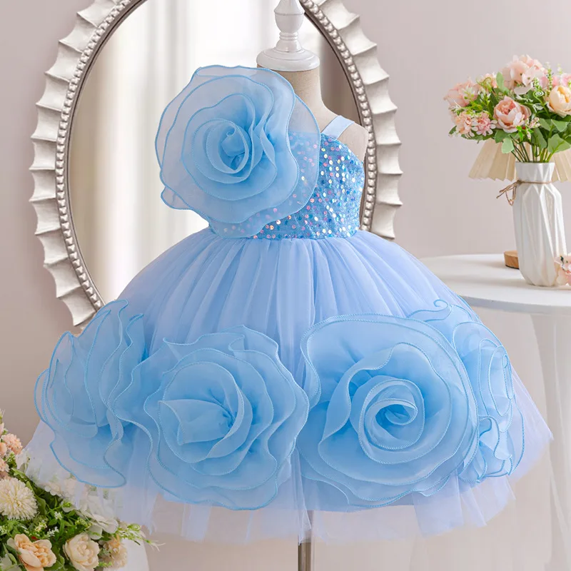 Detské šaty nový štýl narodeninová oslava svadobná kvetina dievčenské večerné šaty Elegantné flitry Rose Flower Girl Princezná šaty