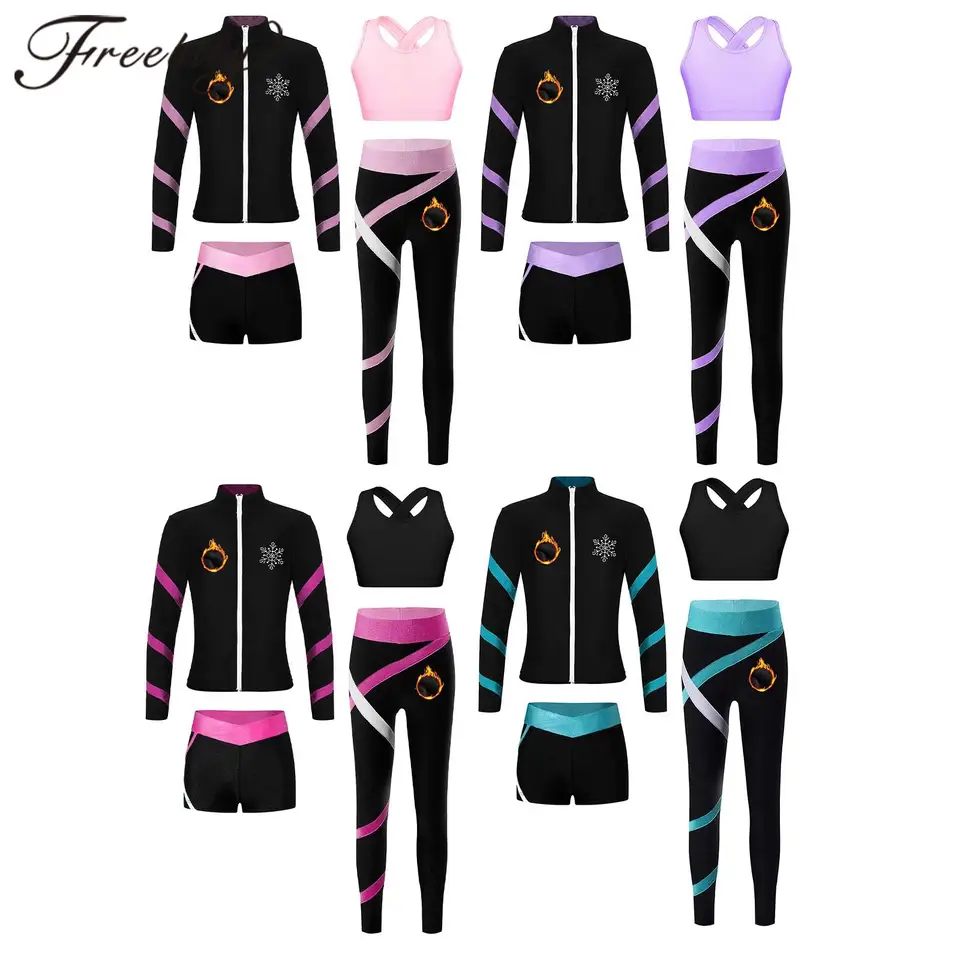 Detské športové obleky Dievčatá Sportswear Gymnastics Sports Set Outfit for Girl Stand Collar Zipper Fleece-legikový legíny Šortky