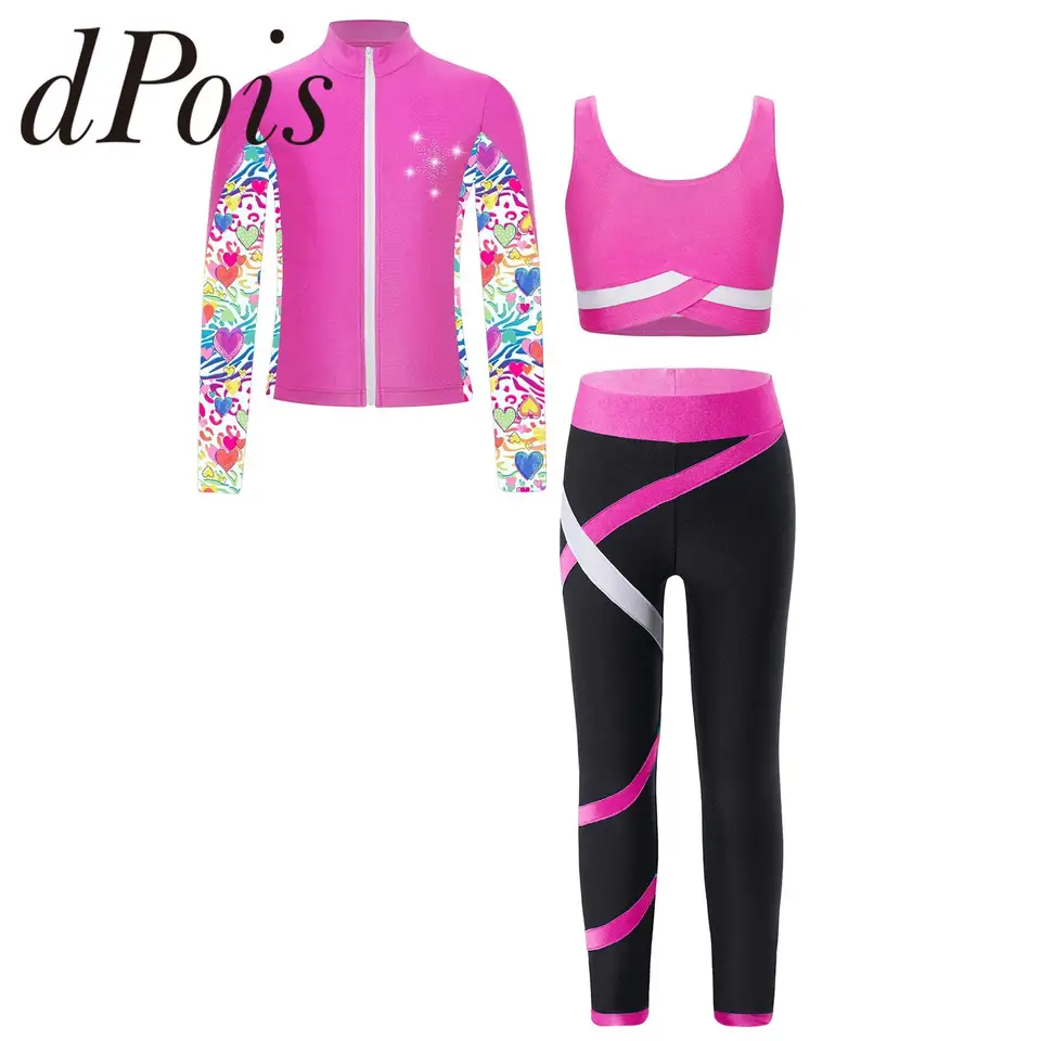 Detské športové obleky Kids Šport pre dievčatá Gym ​​Gym Atletic Outfits vesta s legggingom s dlhým rukávom mikina zipsov.