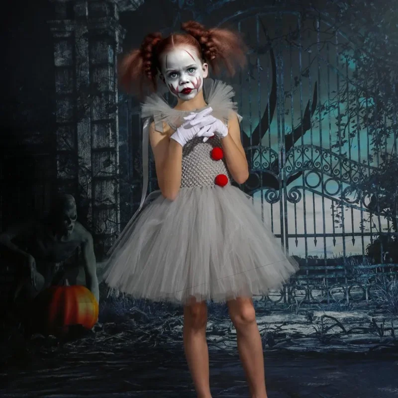 Detský klaun kostým strašidelný žolík rola hra Uniformné biele šaty sieťovina sukňa oblečenie detský oblečenie pre halloween