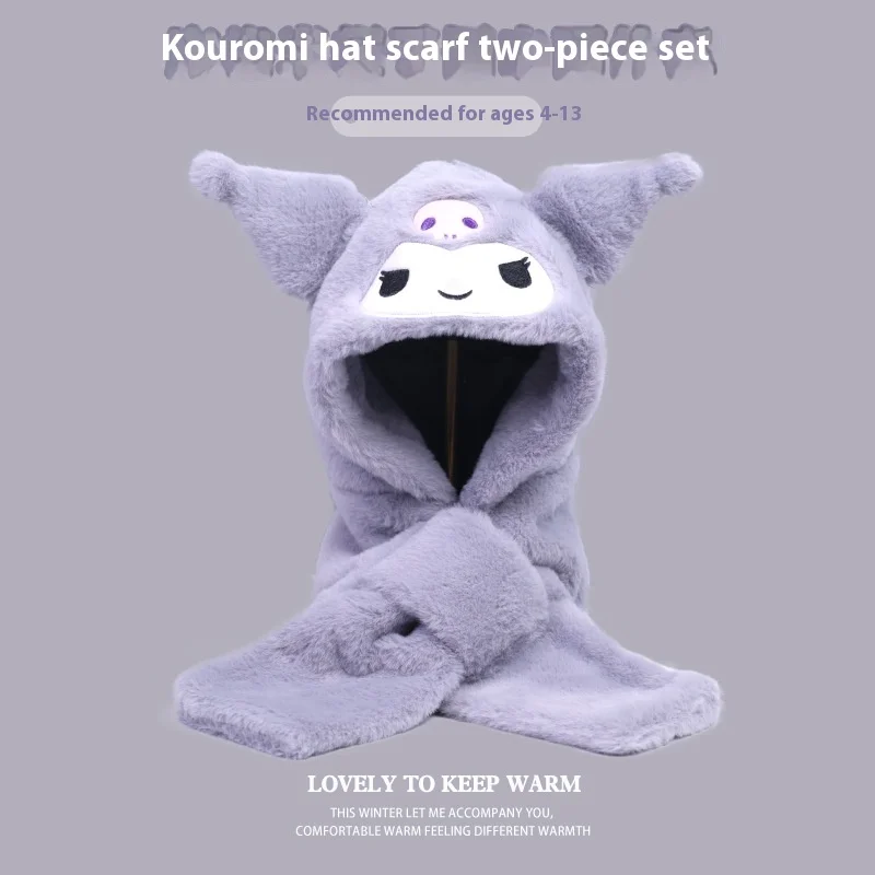 Detský klobúk šál integrovaný zimný teplý Sanrio Cute Kuromi Anime Plush Kartoon ochrana uší rukavice Rukavice Nový model