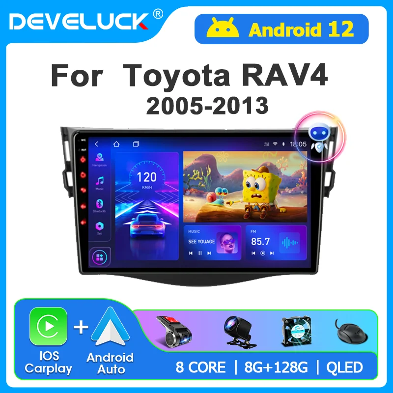 Develuck Android 12.0 Car Auto Radio pre Toyota Rav4 2005-2013 Multimediálny video prehrávač 2 DIN Navigation GPS Stereo RDS DVD HEAD Unit
