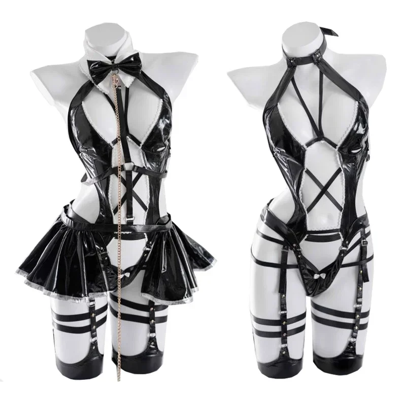 Devil Girl kožená oblek Maid Uniform Cosplay kostýmy Žena Bandage Dutlow Out BodySuit Striedičky šaty sexy pyžamy spodná bielizeň sv
