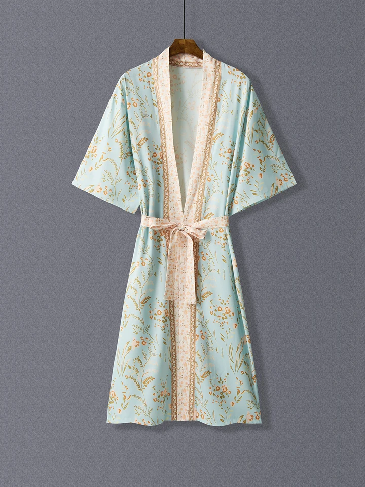 Deň národného štýlu kvetinová tlač Long Kimono Cardigan Coat Dámska Európa a Elegantná letná ulica v Spojených štátoch Spojené štáty americké