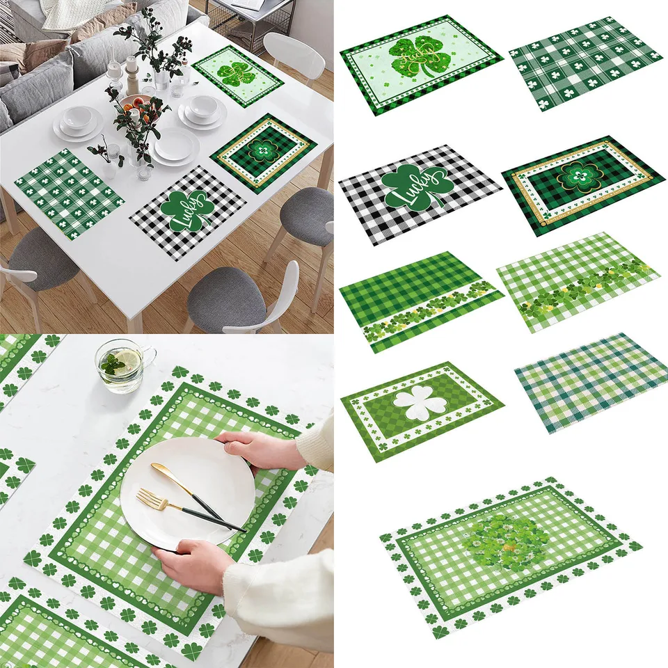 Deň St. Patricks's Deň prestierania Škandinávania Irish Day Plaid Decorative Placemats Izolované obrusy #T2P