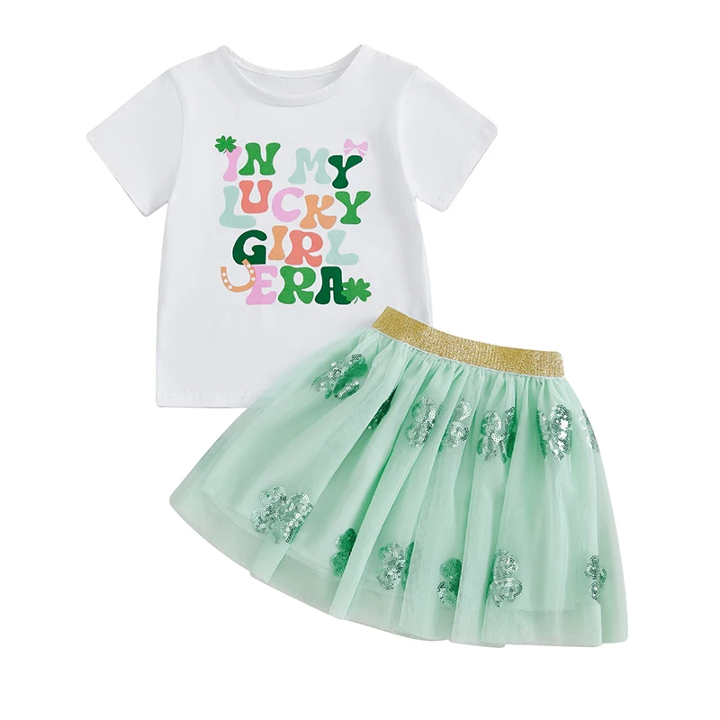 Deň sv. Patricks Day Girl Letter List s krátkym rukávom tričko + Clover Flowin Scits Sety Battle Girl Clothes
