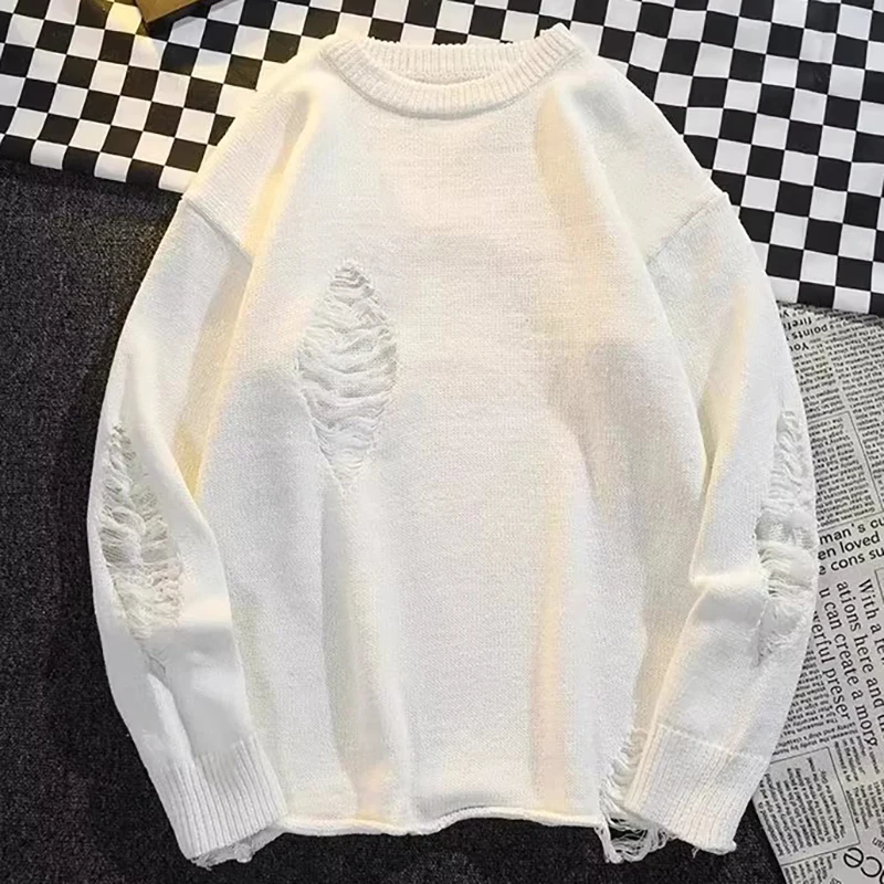 Deštruktívne sveter Pánske prelomené zimné zimné páry Y2K Hip Hop Hollow Laceration Sweater Men pletená vysoká ulica Pullover Skokan