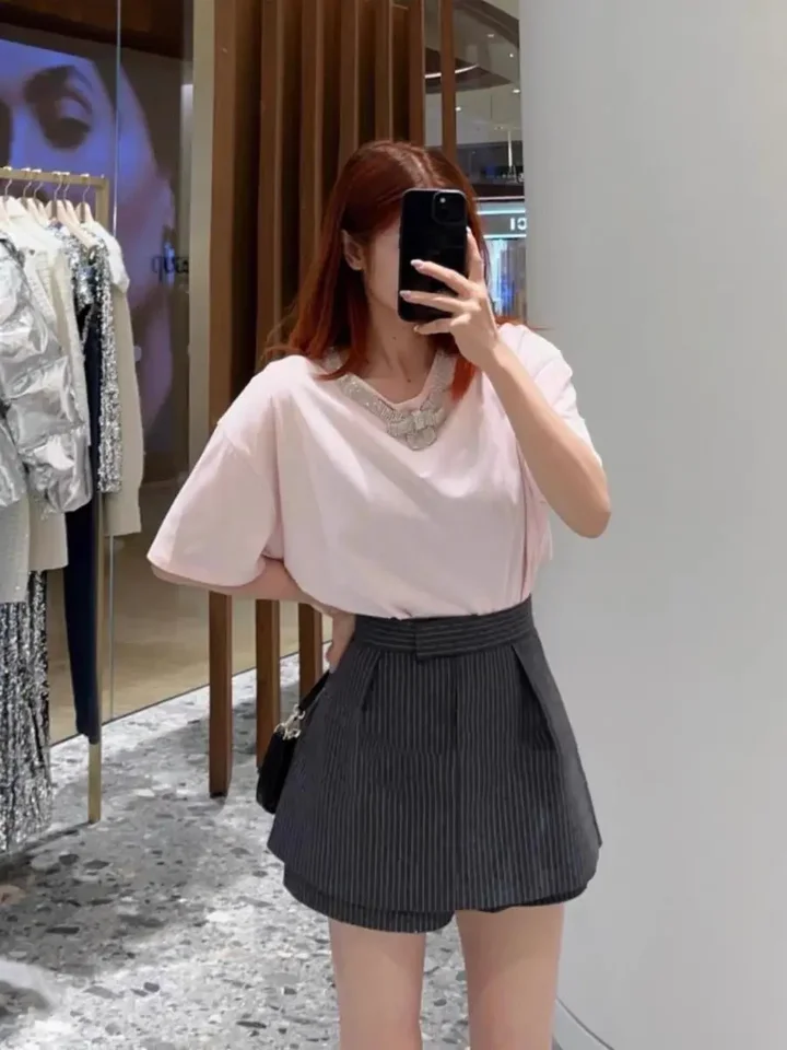 Diamantová motýlika Žena O-Neck Casual Tee and Tops Dámske ružové ružové ružové tričko Summer 2025