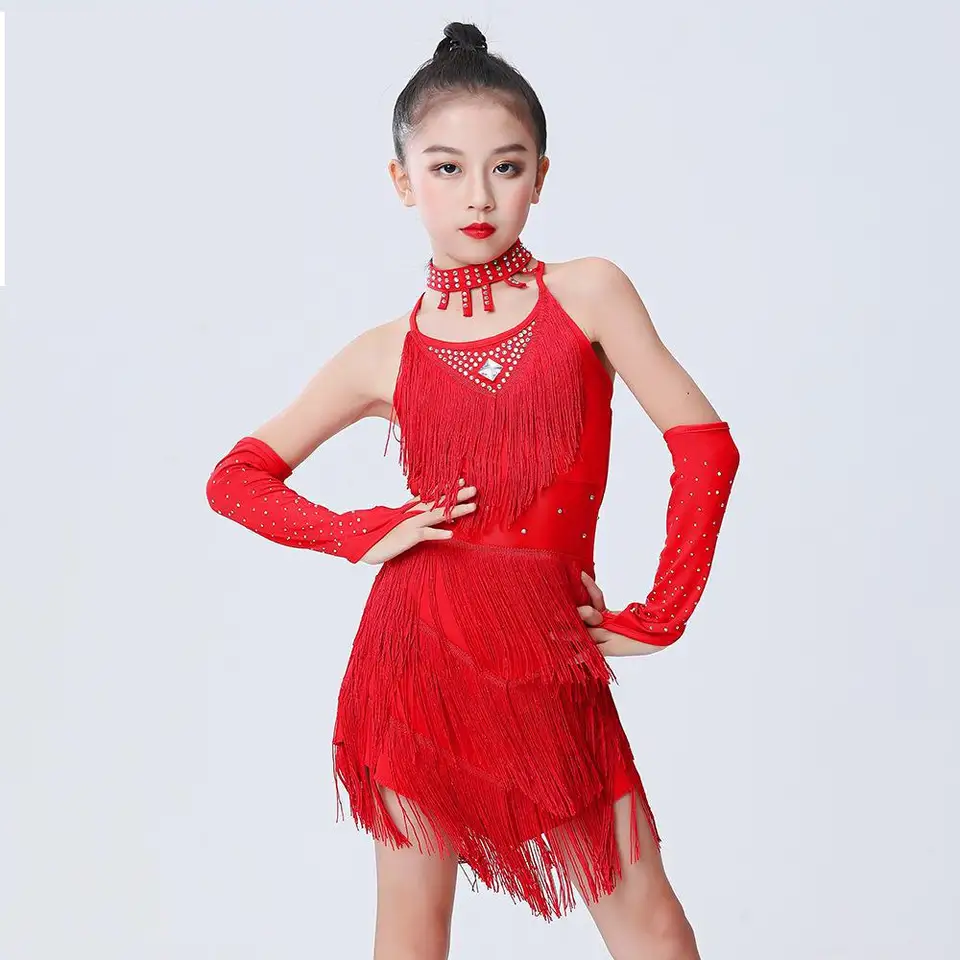 Diamantové strapce strapce latinské tanečné šaty pre dievčatá deti Latinské šaty kostýmy kostým kostým Profesionálny salsa rumba cha tango