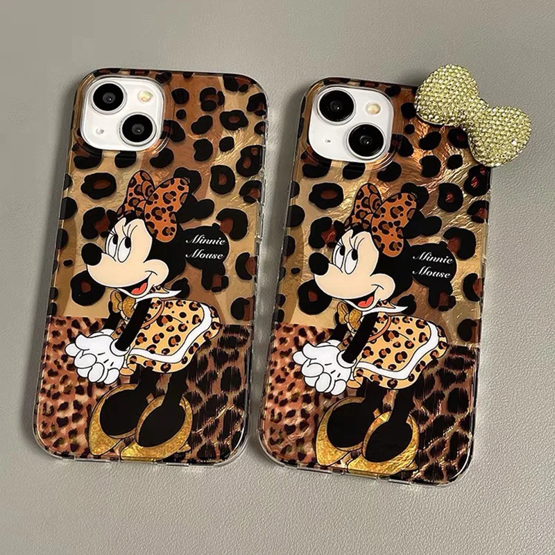 Diamond Bowknot Minnie Leopard Leopard Luster Luster Luster Hard Peter Telefón pre Oppo A57 A77 A38 A58 A78 A54 A74 A94 A53S A15 A16 A17 A18 A18 A79