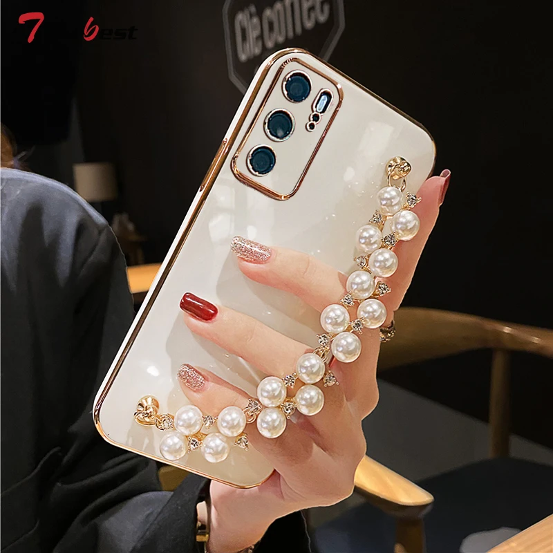 Diamond Pearl Bracelet Chain Case pre Huawei P50 P50 P30 P20 Lite Pro Coque Luxusný maľba mäkký silikónový kryt
