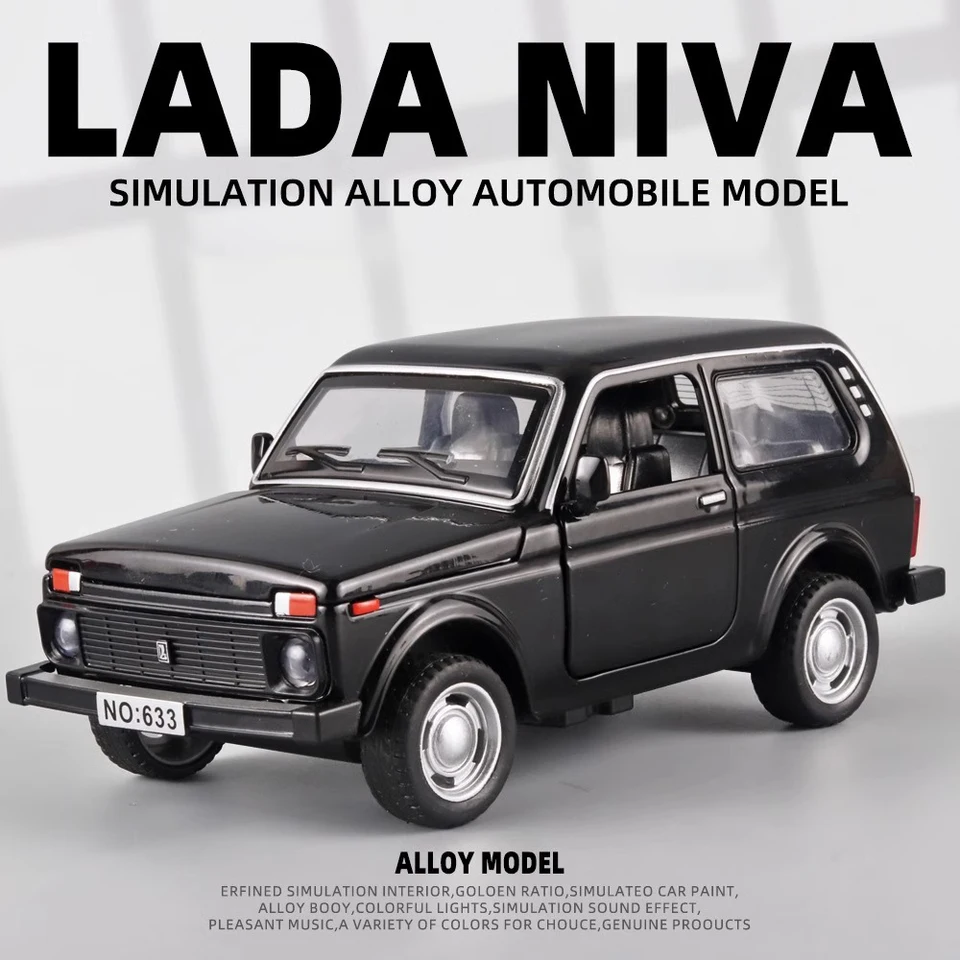 Diecast 1:32 LADA NIVA Jeep Zliatina Retro auto model Centrálne ovládacie ozdoby Zvuk a ľahká hračka vianočné darčeky pre deti