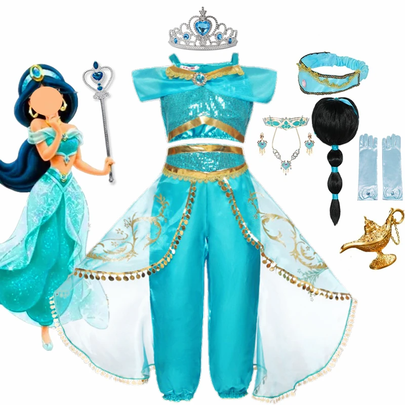 Dievča Cosplay Jasmine princezná kostým aladdin princezná šaty detská kúzelná lampa Fancy narodeninové šaty šaty jazmínové oblečenie 3-8 rokov