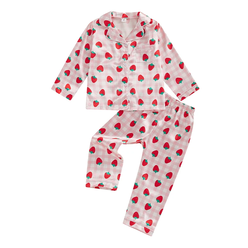 Dievča Fall Satin Pyžamy Set jahodové kock