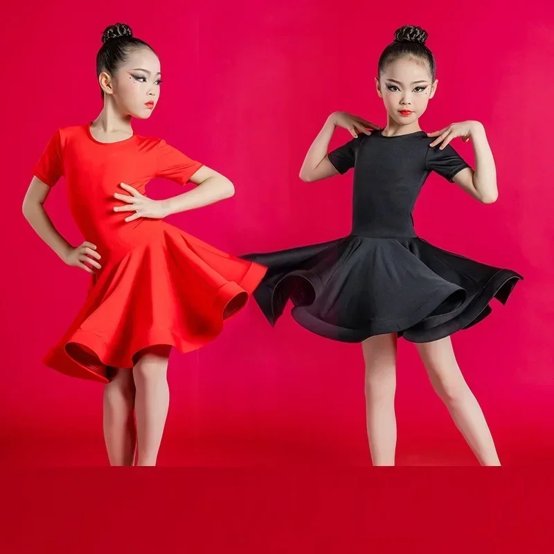 Dievča Latinské tanečné šaty Ballroom Deti tanečný kostým salsa čierne červené deti tango šaty tanečné pódium Performance