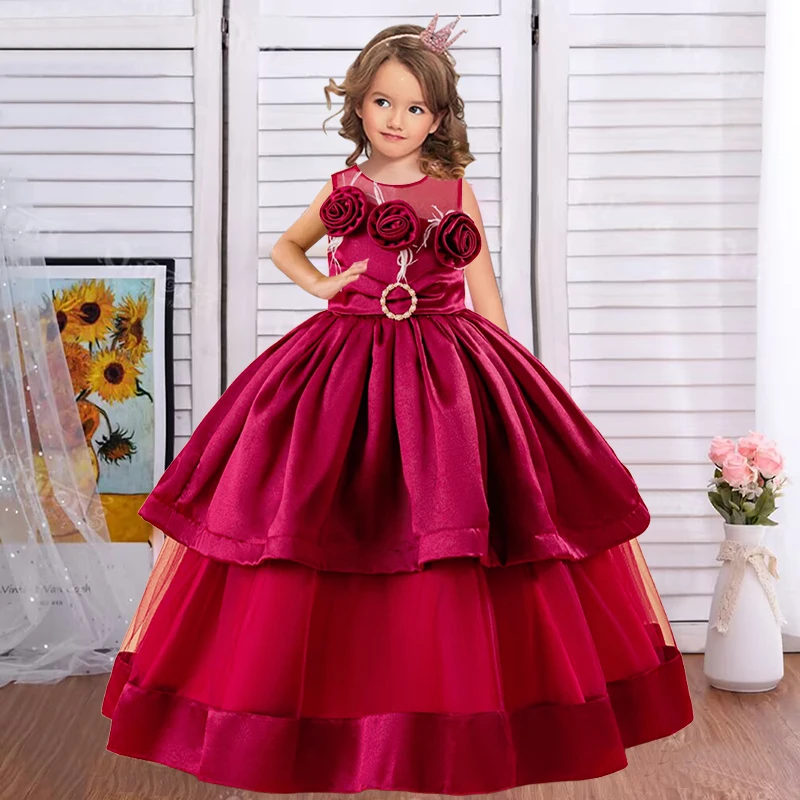 Dievča Pearl Bow Princess Dress 4-12 rokov staré módne kvetinové tlače Príležitostné šaty Elegantné karnevalové narodeniny Hostiteľ