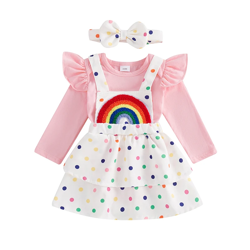 Dievčatko jeseň outfit Solid s dlhým rukávom Romper s bodkovanou tlakovou dúhovou výšivkovou sukňou a čelenkou 3 PCS Set