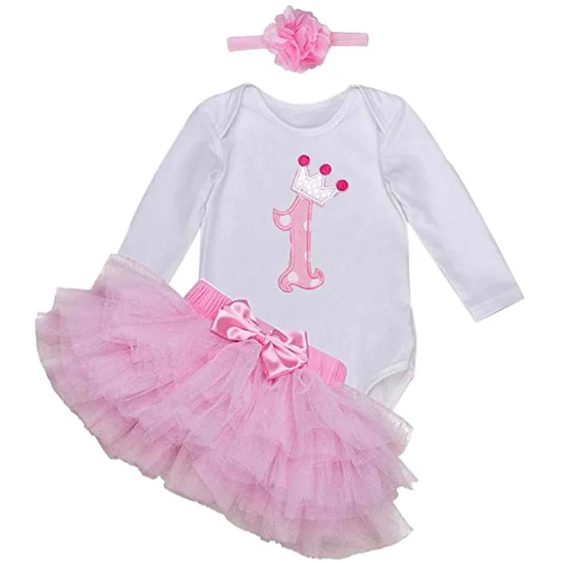 Dievčatá 1. narodeninové oblečenie oblečenie pre batoľa s dlhým rukávom ružová koruna Romper +Tutu +čelenka 1 rok párty šaty pre dieťa 12m