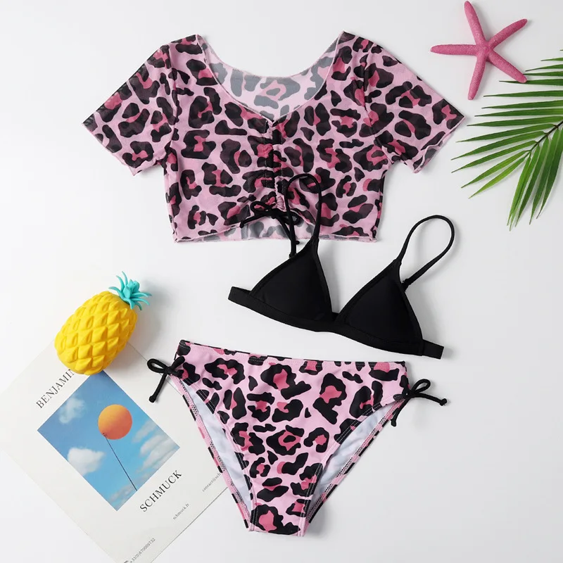 Dievčatá 3pack Pink Leopard Print Bikini Sety s krátkym rukávom Top Swimsuit Kids 7-12 rokov detské plavky 2024 plavky 2024