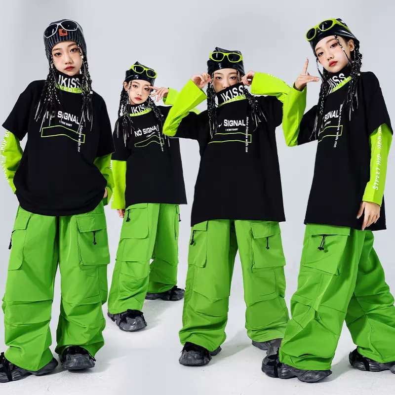 Dievčatá Cool K-pop mikiny nákladné nohavice Hip Hop Street Dance Clothes Sets Deti Jazz Green Costyes Deti Streetwear Outfits