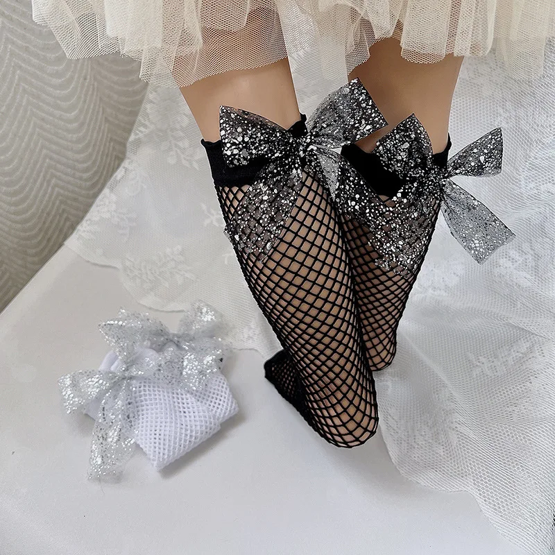 Dievčatá detské pletivo ponožky zlatý prachový luk rybárske pančuchy Ťažký pracovník Dutiny Mid-Calf ponožky roztomilé módne rodičovské detské ponožky