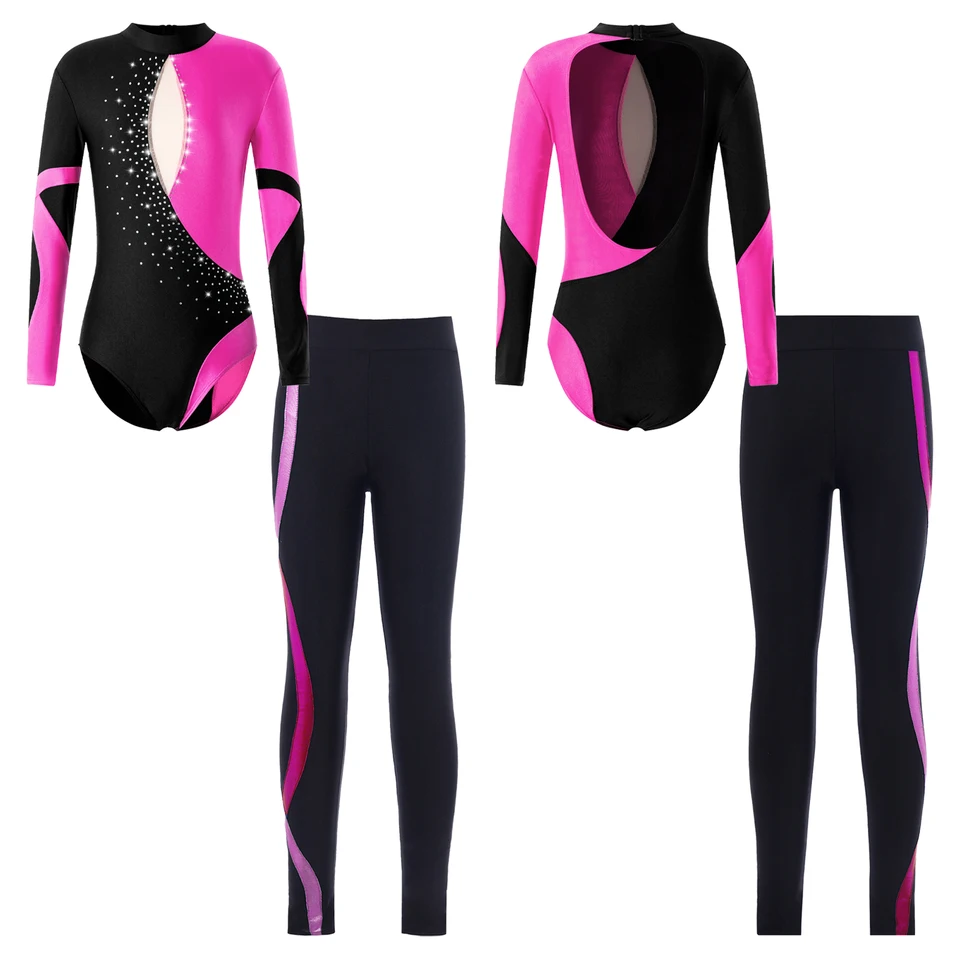 Dievčatá Dievčatá s dlhým rukávom Leskiny kamienky sieťoviny Mesh Letard BodySuit+pruhované nohavice pre baletný tanec gymnastickej krasokorčuľovania