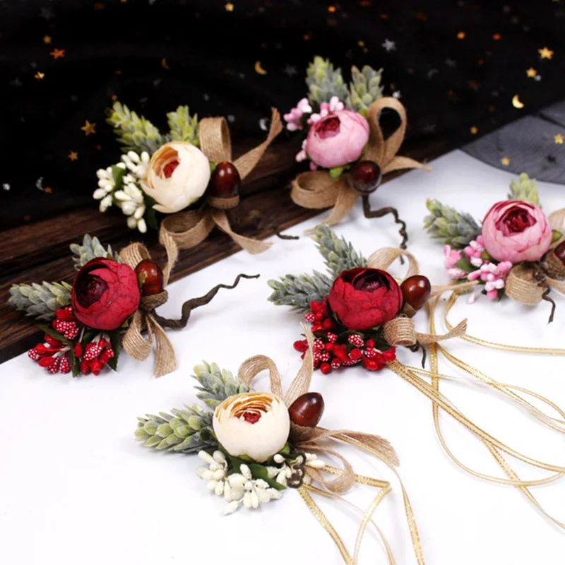 Dievčatá družičky kvety zápästia Faux ružový náramok svadobná párty Promty boutonniere svadobné ruky kvety korzetové dekorácie doplnky