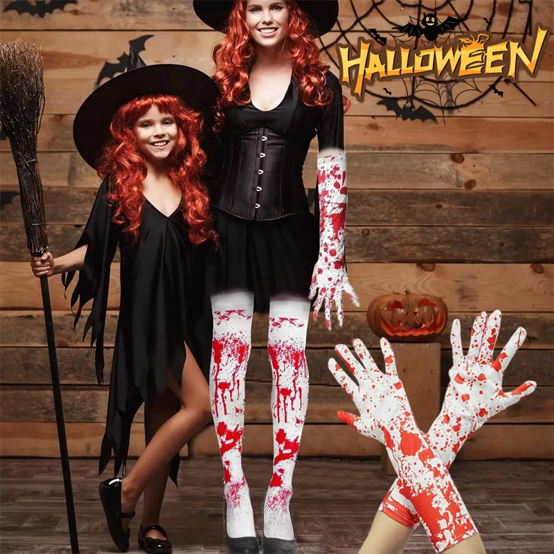 Dievčatá Halloween Krvavé rukavice pančuchy Sada strašidelných zombie rukavíc legíny dlhé ponožky Fancy Dress Party Kostým príslušenstvo
