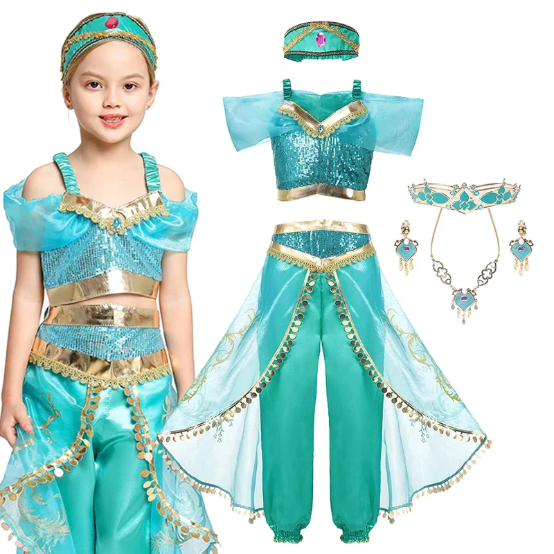 Dievčatá jazmínové šaty Arabian princezná kostým pre deti narodeninová oslava vianočné ozdobné šaty dieťa Jasmine Cosplay kostým 3-10 rokov