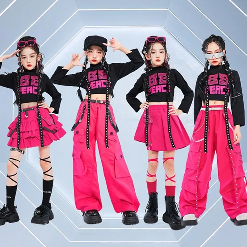 Dievčatá jazzové tanečné oblečenie hip hop módny oblek pre deti K-pop s pódiom Performance Performance Black Tops Pink sukne nohavice tanečné oblečenie Amy804