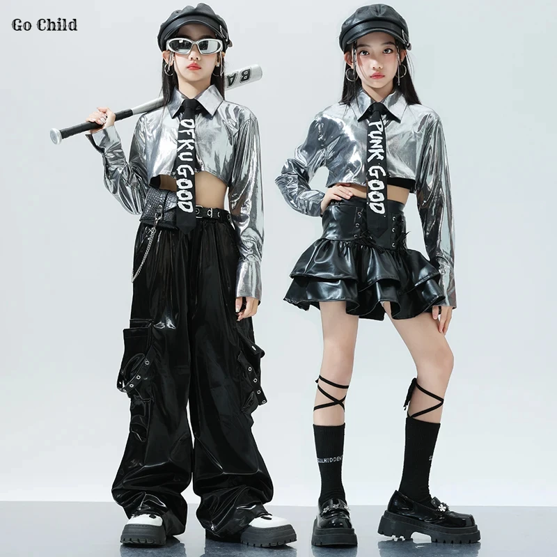 Dievčatá K-pop strieborné bunda Kožená sukňa sukne Nákladné nohavice oblečenie sada detské hip hopové tanečné kostýmy detské dospievajúce streetwear