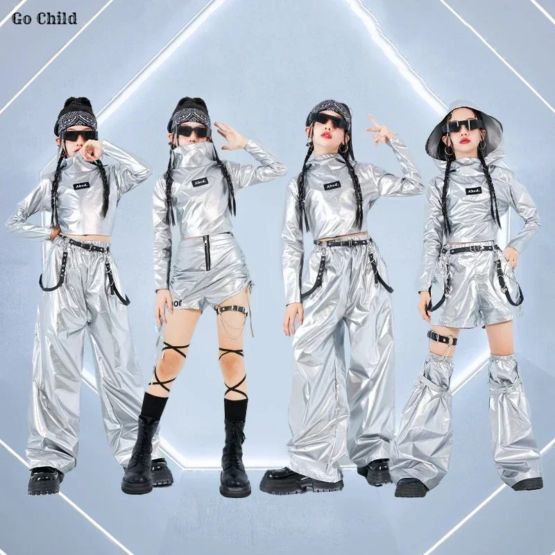 Dievčatá K-pop strieborné mikiny Leskiny nákladné nohavice pouličné tanečné kraťas
