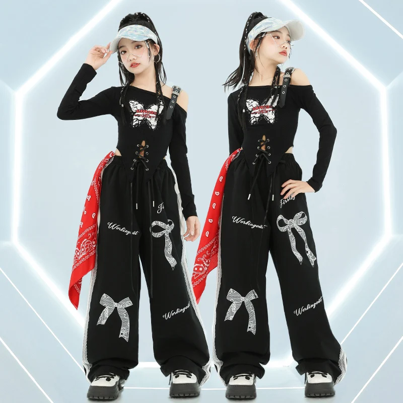 Dievčatá KPOP Hip Hop Dance Clothes dlhé rukávy Topy Loose Pants Jazz Practice Practice Costume Detský tím Tím Oblečenie sada BL14350
