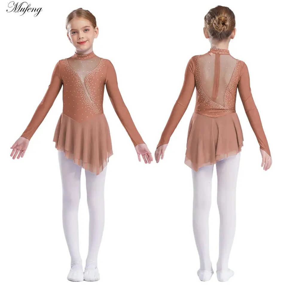 Dievčatá krasokorčuľovacie šaty číry sieťový bodysuit Dancewear Glitter Smienky baletné tanečné šaty lyrické tanečné súťaž