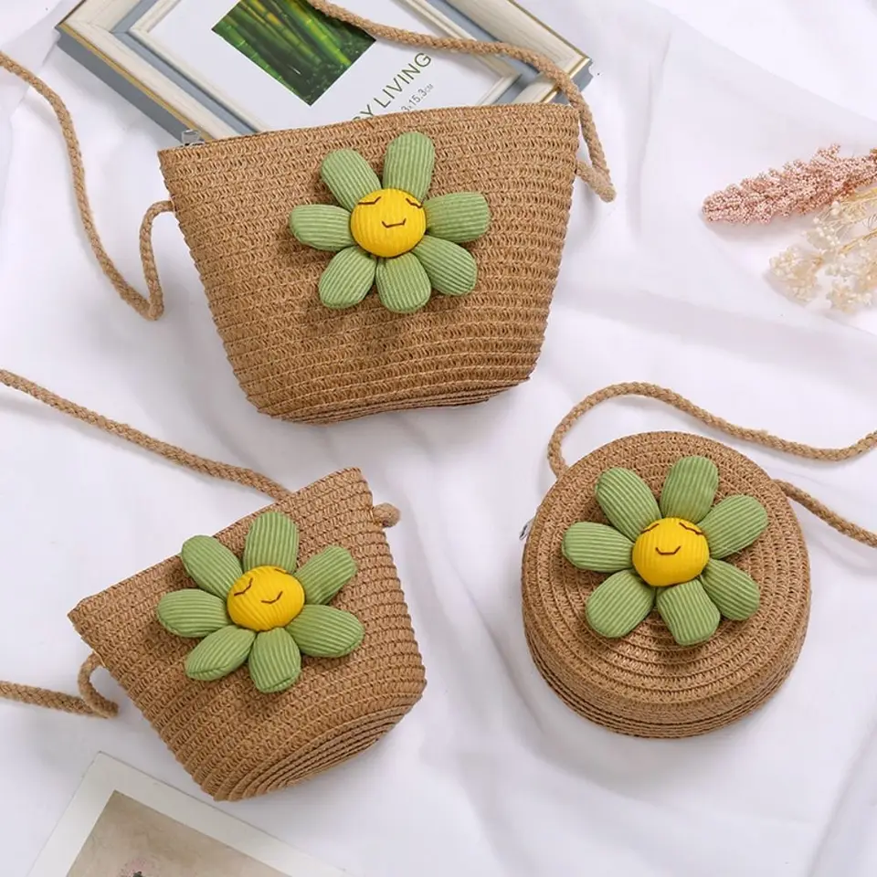 Dievčatá kvetina slama taška roztomilá zipsová minca s kabelkou Crossbody Ručne vyrábaná tkaná fotografia rekvizity detské plážové tašky