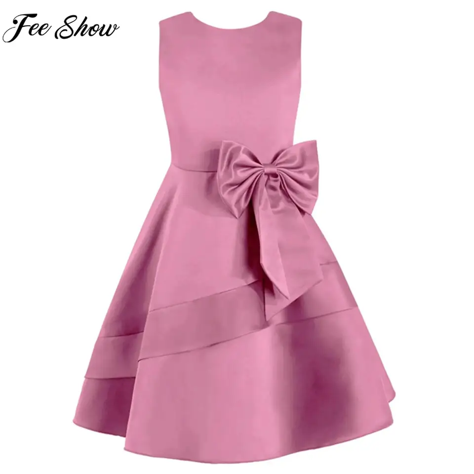 Dievčatá letné rukávy bez rukávov princezná šaty elegantné saténové svadobné družičky večierky Big Bowknot A-line Tutu na narodeniny večer