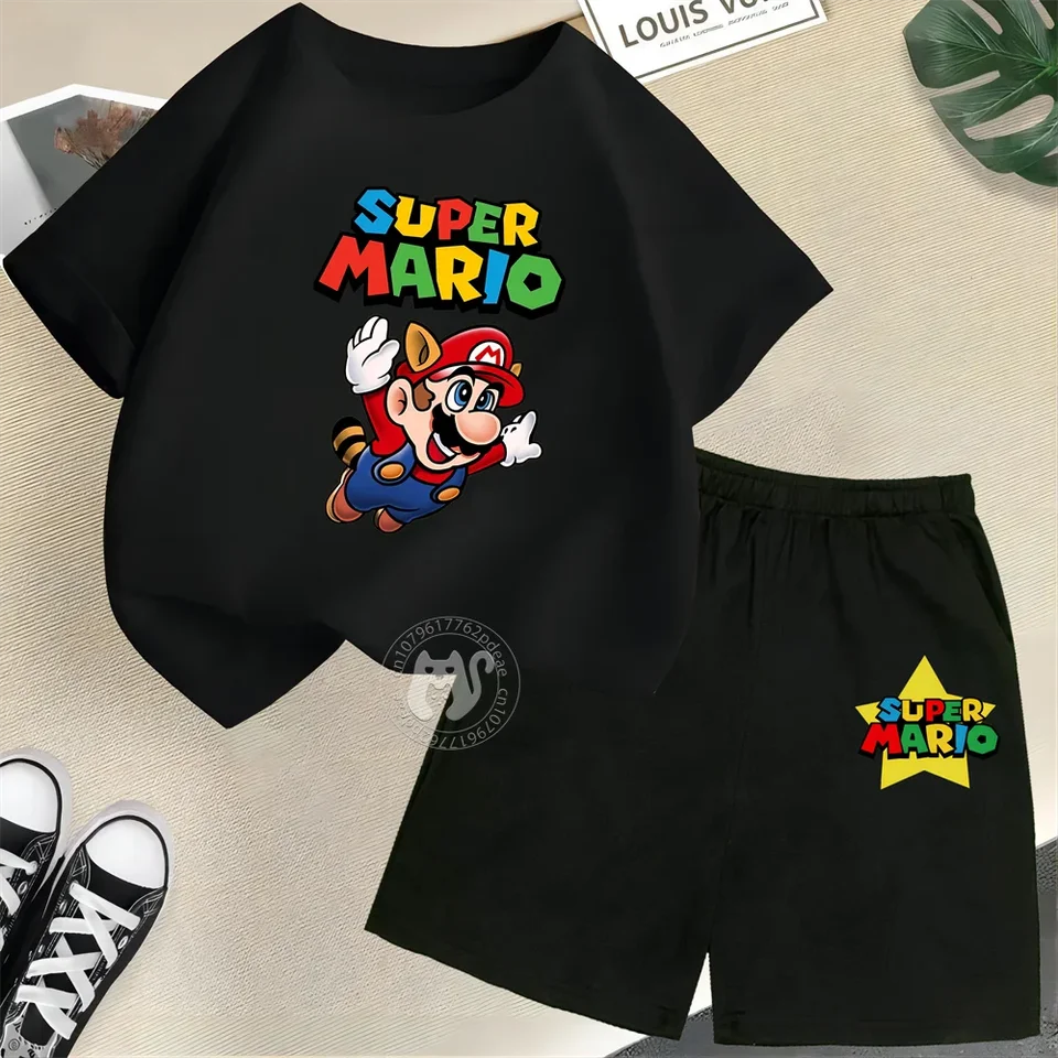 Dievčatá leto 100% bavlnené tričko + šortky zábava karikatúra vzlietnuť Super Mario Osobnosť Street Príležitostné pohodlné deti